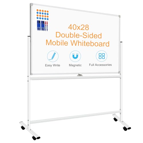Silver 40x28-inch Double-Sided Mobile Whiteboard with Stand and Wheels