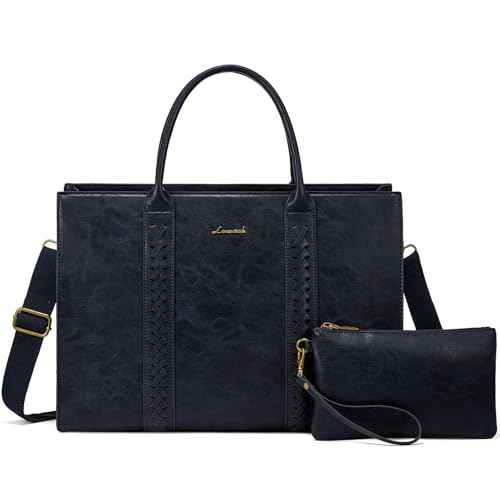 LOVEVOOK Laptop Tote Bag for Women, Vintage Leather Work Bags 15.6 inch Laptop Bag, Waterproof Computer Bag Business Office Briefcase, Dark Blue
