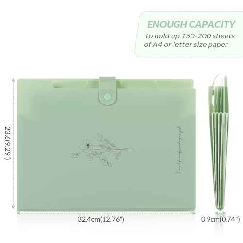 SKYDUE Expanding File Folder with 5 Pockets, Aesthetic Accordion File Organizer, Portable Document Paper Bill Receipt Organizer, School Office Supplies, Letter/A4 Size, (1, Pea Green)