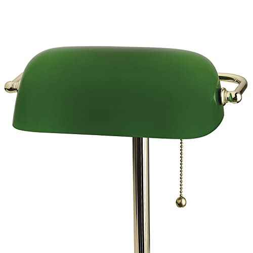 Catalina Lighting 17466-017 13.5'' Traditional Banker's Lamp Light Fixture with Green Glass Cylinder Shade for Office, Library, Living Room, or Dorm, Polished Brass