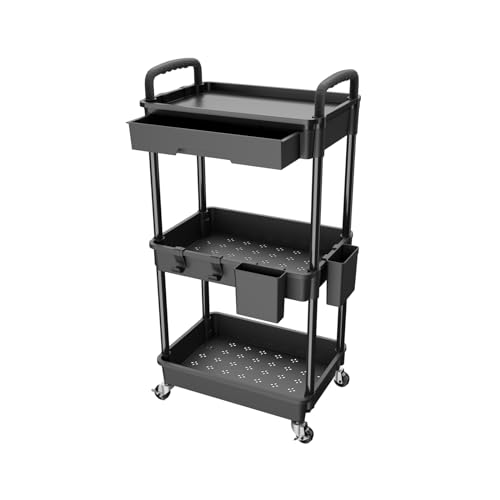 Black 3-Tier Rolling Utility Cart with Drawer - Multi-Purpose Storage Organizer