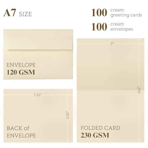 Goefun Cream Blank Cards and Envelopes, 5x7 Folded Ivory Cardstock and A7 Envelopes Self Seal 100 Pack for Wedding, Invitations, DIY Greeting Cardstock, Thank You Cards & All Occasion