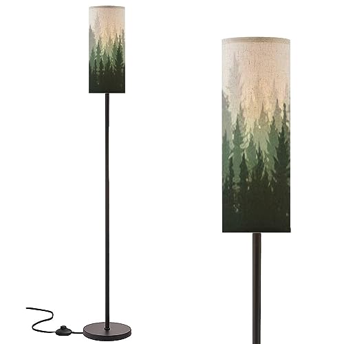 Boho Standing Lamps Forest nature landscape coniferous trees Pine Silhouette Minimalist Floor Lamp Metal Pole Lamp with Linen Lampshade for Bedroom Living Room Office Nursery Reading Foot Switch