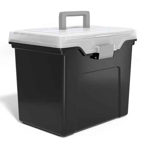 STAPLES File Folder Tote, Portable Filing Box, Letter Size Hanging Folders, Security Latch & Built-In Lid Organizer, Black/Clear