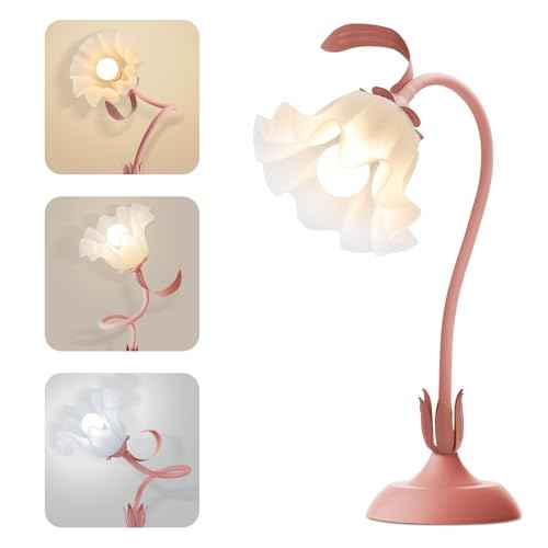 Flower Table Lamp, Bedside Lamp and Nightstand Lamp for Bedroom, LED Reading Lamp with 3 Color Modes Vintage Desk Lamp