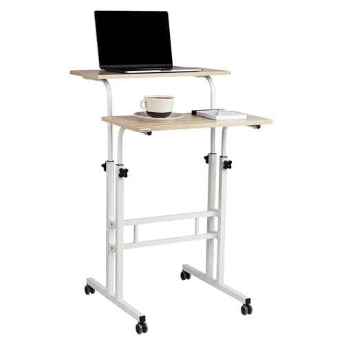 Mind Reader Standing Desk, Adjustable Height Laptop Workstation, Portable Rolling Desk on Wheels, Two-Tier Metal Frame, White