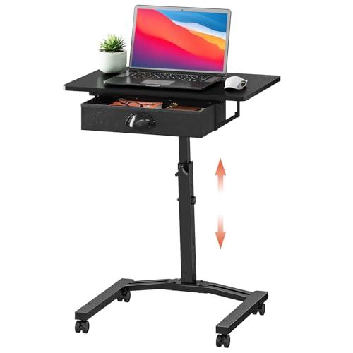 Cidaziya Black Adjustable Height Rolling Laptop Desk With Drawer for Small Spaces