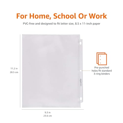 Amazon Basics Clear Sheet Protectors for 3 Ring Binders - 100 Pack, Letter Size, Acid-Free, Lightweight