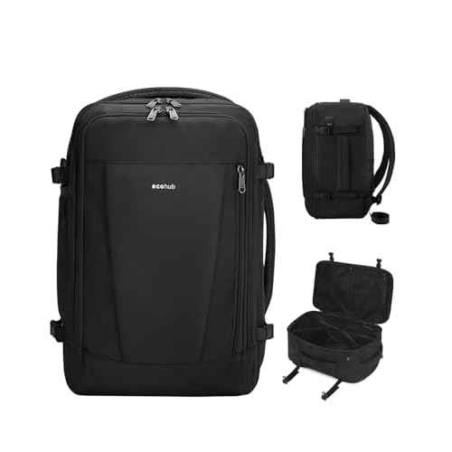 ECOHUB 17'' Small Travel Backpack, United Airlines Personal Item Bag 16.7"x10"x8" with 13 Pockets Carry on Backpack with USB Port Luggage Sleeve Travel Essentials for Men Women Water Resistant, Black