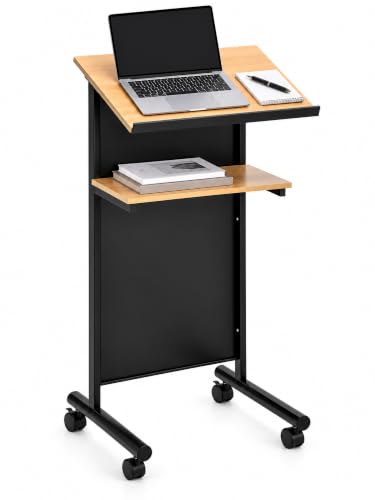 Wheeled Lectern - Standing Desk with Storage Shelf in Beech/Black (AV Direct) - Ideal for Presentations & Laptop