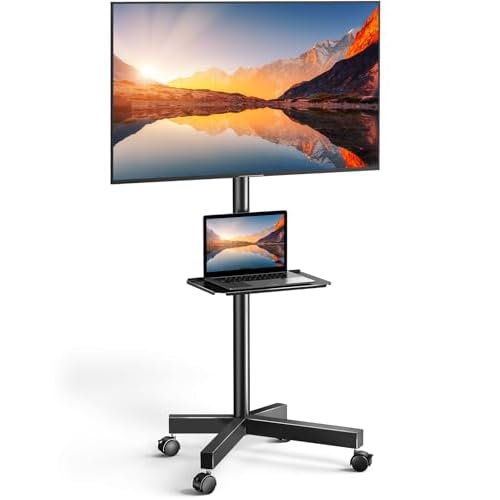 PERLESMITH Rolling TV Stand on Wheels for 23-60 Inch Flat Curved Screen TVs, Mobile TV Cart Height - Adjustable with Shelf/Tray, Portable TV Stand Holds up to 55 lbs, Max VESA 400x400mm, PSTVMC04