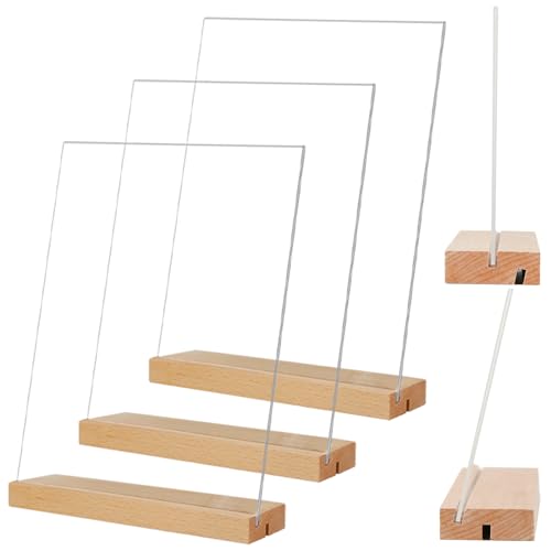 TONICE 8.5x11 Acrylic Sign Holder with Wooden Base 3 Pack, Vertical/Slant Display - Wedding, Restaurant, Office