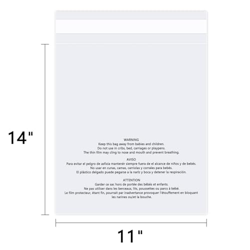 11x14 Inch Clear Resealable Poly Bags 100 Count with Suffocation Warning - Food Grade Safe, Self-Sealing, Reusable Packaging