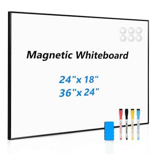 Dry Erase White Board, 24'' x 18'', Wall Hanging Magnetic Whiteboard for Home Office School Kitchen, Black Aluminum Frame