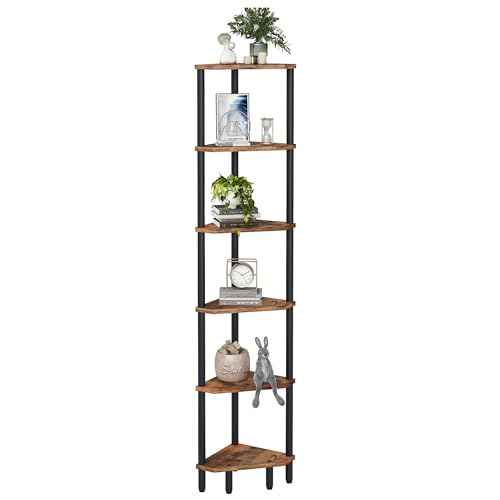6 Tier Corner Shelf, 66.5'' Tall Standing Shelf, Narrow Display Shelf Stand, Modern Corner Bookshelf, Plant Stand, Corner Bookcase for Living Room, Bedroom, Bathroom, Rustic Brown LCS502R
