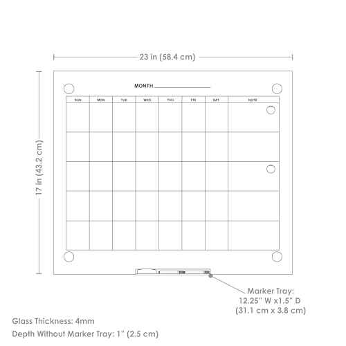 Sunnydaze Glass Calendar Dry Erase Board for Wall with Markers - Glass Magnetic Whiteboard for Home or Office - 23" W x 17" H - White
