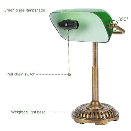 NISSAFORS Bankers Lamp, Green Desk Lamp with Pull Switch, Vintage Table Lamps for Home Office, Library, Piano (Green)