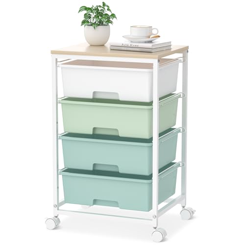 Green 4-Drawer Rolling Utility Cart with Wooden Top - SYKIARIOL