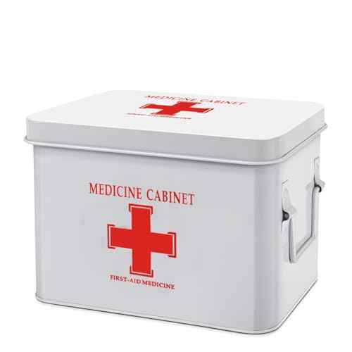 Flexzion First Aid Box Organizer, Empty 8.5 Inch White Vintage First Aid Kit Tin Metal Medical Box Storage Container Bins with Dividers, Removable Tray and Cross Logo