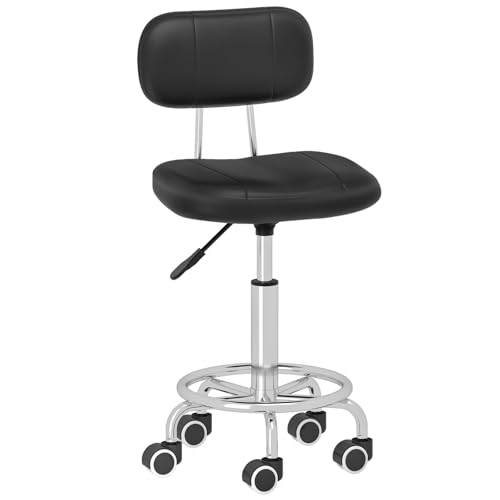 Hoobro height-adjustable rolling stool with backrest, 360° swivel drafting chair for office, salon, bar, PU leather