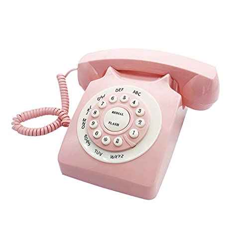 Pink Retro Landline Telephone Classic Rotary Design Old Fashioned Corded Desk Phone with Ringer for Home and Office, Basic 80s Phones for Senior People