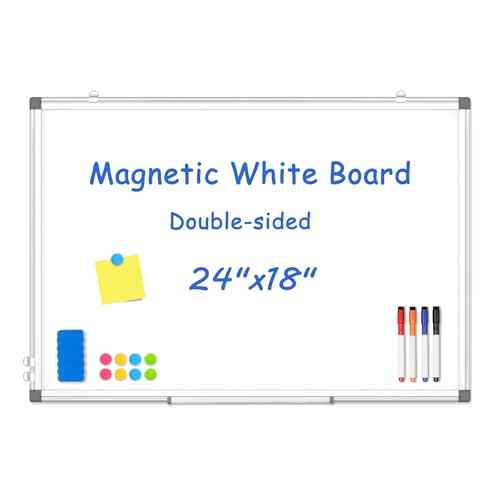WALGLASS Double-Sided White Board, 24" x 18" Dry Erase Board Magnetic Whiteboard for Wall, Hanging Mounted Whiteboard Silver Aluminium Frame for Home, School, Office, Kitchen