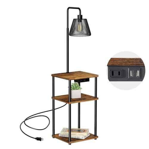 Floor Lamp with Table,Foor Lamp with Shelves,Side Table with USB Charging Port and Outlet,Modern Bedside Nightstand End Table with Lamp for Living Room,Bedroom,Guest Room,Bulb Included