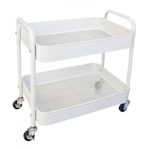 White 2-Tier Rolling Cart with Hooks for Under Desk & Pantry Storage - LIWNYRK