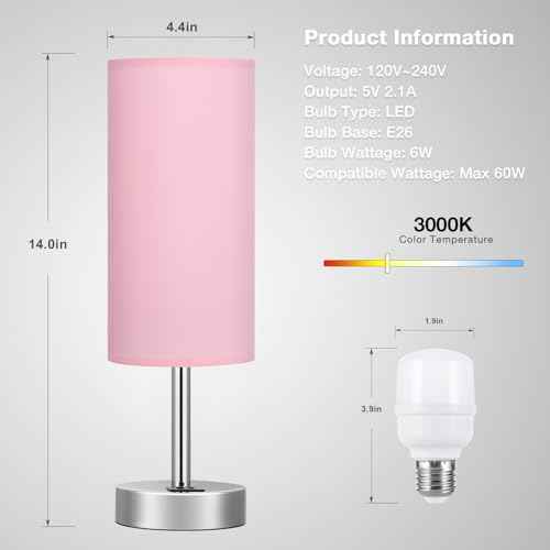 Dicoool Pink Touch Nightstand Lamps for Girl - Small Desk Bedside Lamp with USB-C and USB Charging Ports, 3 Way Dimmable Control Table Lamp for Living Room Office, Dorm, Reading