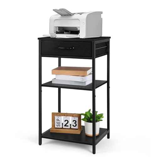 ETELI Printer Stand Table for Home Office 3 Tier Small Printer Stand with Storage Drawer Multi-Functional Printer Desk Shelf with Wood Board and Metal Frame for Printer Fax Machine Scanner, Black