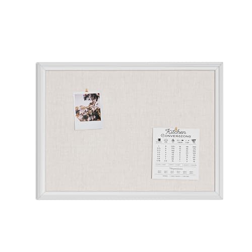 U Brands Bulletin Board, 18 x 24 Inch Linen Fabric Pin Board, Farmhouse White Wood Style Frame, Wall Message Center & Vision Board for Farmhouse Decor, Home Office, Classroom, Includes Push Pins