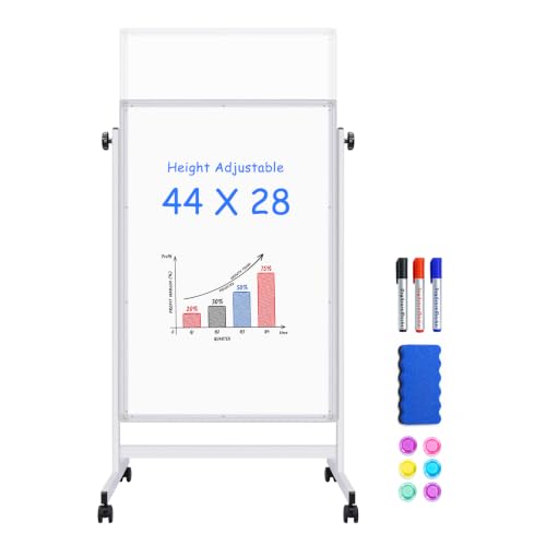 Maxtek White Magnetic Whiteboard on Wheels 44x28in Silver Adjustable Height
