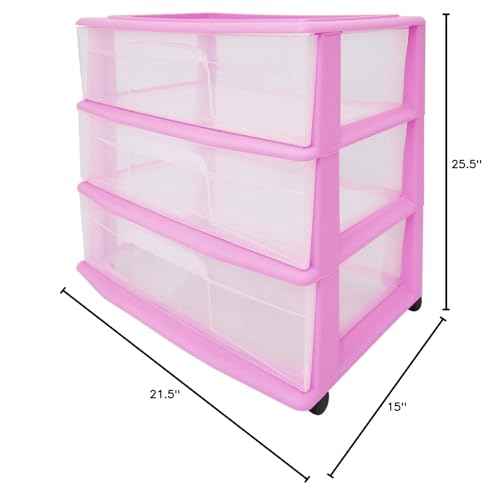 HOMZ Wide Plastic Storage 3 Drawer Cart, Purple