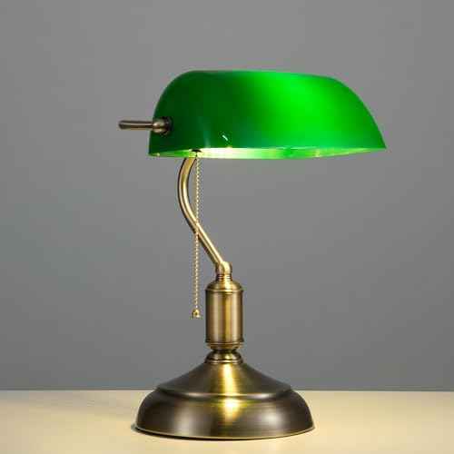Bankers Lamp, Green Desk Lamp with Pull Chain Switch, 3 Lighting Color Mid Century Banker's Desk Light for Home Office Library Christmas (Green Plastic Lampshade)