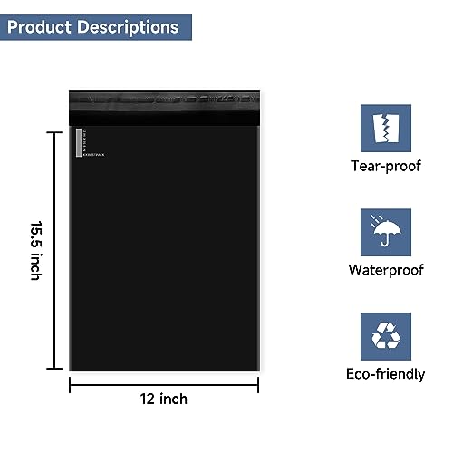 KKBESTPACK Black Poly Mailers 12x15.5 Inch Shipping Bags - 100 Pcs