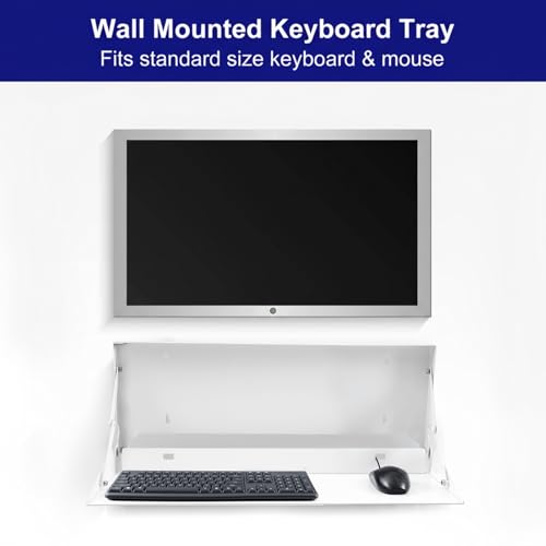 1 Pcs 24 Inch Keyboard Wall Mount Foldable Fits Standard Computer Keyboard Mouse Stand Tray Organizer for Small Offices Apartments, Easy Installation with 4 Screws (White)