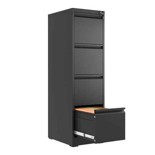 4 Drawer File Cabinet with Lock,Metal Vertical Filing Cabinets for Home Office,Heavy Duty File Storage Cabinet for Letter/Legal/A4/F4 Size File,Assembly Require (Black, Vertical 4 Drawer)
