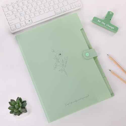 SKYDUE Expanding File Folder with 5 Pockets, Aesthetic Accordion File Organizer, Portable Document Paper Bill Receipt Organizer, School Office Supplies, Letter/A4 Size, (1, Pea Green)