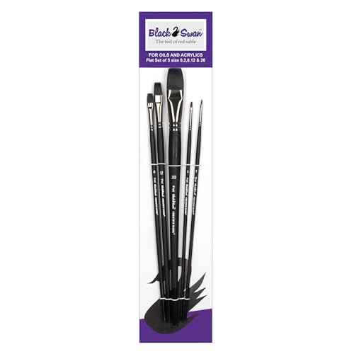 Black Swan Synthetic Red Sable Paint Brushes Flat Set of 5 - Professional Quality Long Handle Paint Brushes for Oil, Heavy Body Media and Acrylic - Artists of All Levels