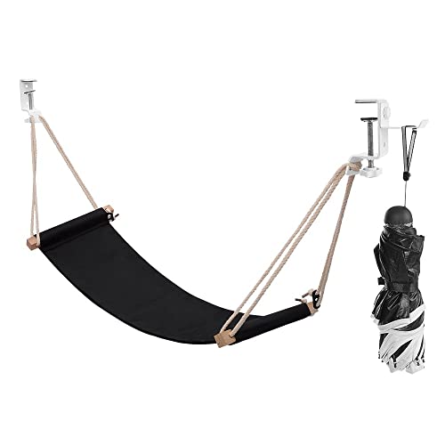 iMissiu Black Foot Hammock Under Desk Foot Rest – Adjustable Office Hamock with Headphones Holder