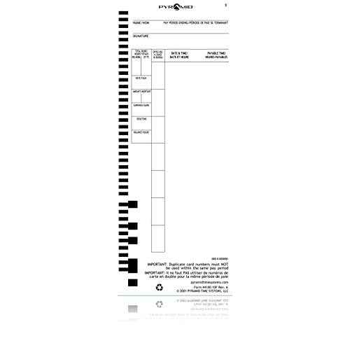 Pyramid Time Systems, 44100-10F, Genuine and Authentic English and French Time Cards for Pyramid Models 4000, 4000ProK, 4000HD, 4000Pro, 5000 & 5000HD Clocks, 100 Pack, Time Cards