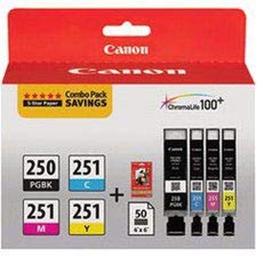 Canon PGI-250/CLI-251 Genuine Combo Pack with 50 Photo Paper Sheets, Compatible with iP7220 & MG5420, MX922, MG7120, MG6420, MG5520, iX6820, iP8720, MG7520, MG6620, and MG5620 (Optional) Printers