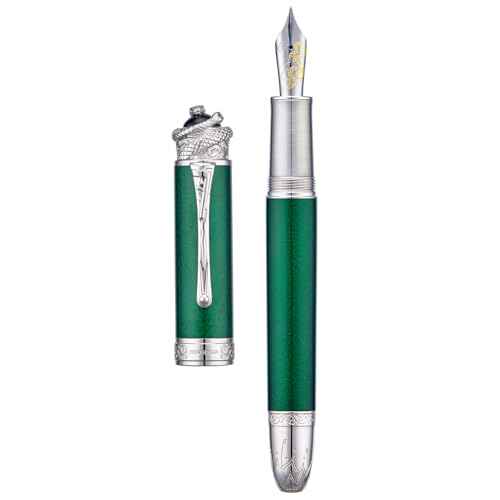 HONG DIAN N25 Piston Fountain Pen, Fine Nib Snake Stereoscopic Carving Design with Metal Case Set (Emerald Green)