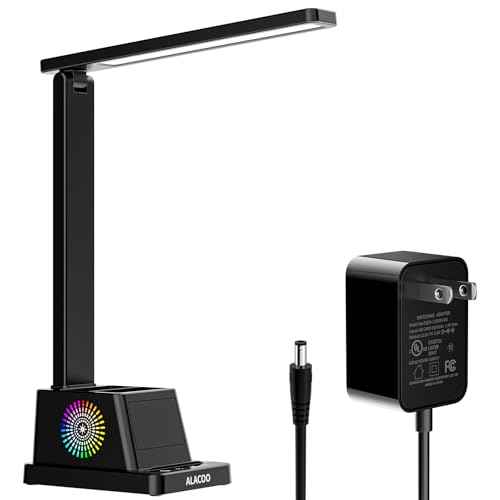 LED Desk Lamp for Office Home, Eye-Caring Desk Light with USB Port & RGB Phone Holder, 3 Color¡¿4 Brightness, Adjustable Arm, Touch-Control Lamp for Reading/Bedroom (Black)