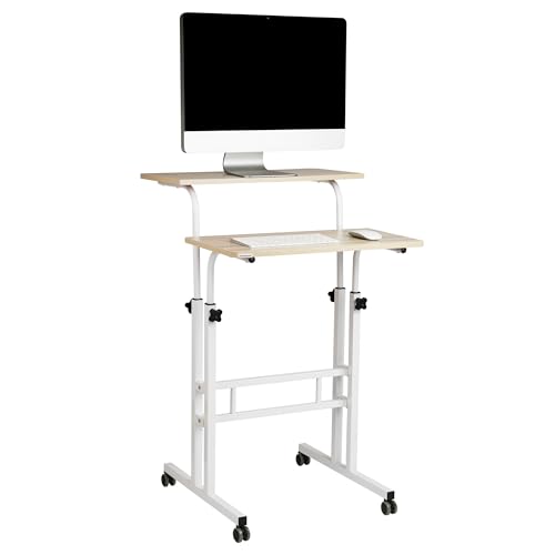 Mind Reader Standing Desk, Adjustable Height Laptop Workstation, Portable Rolling Desk on Wheels, Two-Tier Metal Frame, White
