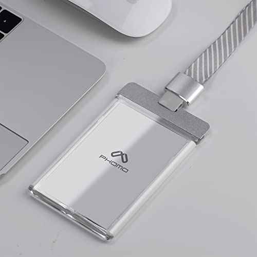 Phomo Aluminum ID Badge Holder/Wallet with Metal Clip and Badge Lanyard, Heavy Duty Vertical Transparent Hard Acrylic ID Card Holder. (Holds 1to 3 Cards) (White, 5-pcs)