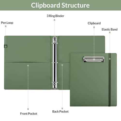 SKYDUE 3 Ring Binder with Clipboard 1 Inch, 13.2" ¡¿ 10.2" PU Clipboard Binder with Notepad & 5 Dividers with 5 Pockets, Labels, Clipboard Folder Great for School Office(Fit Letter Sized Paper)