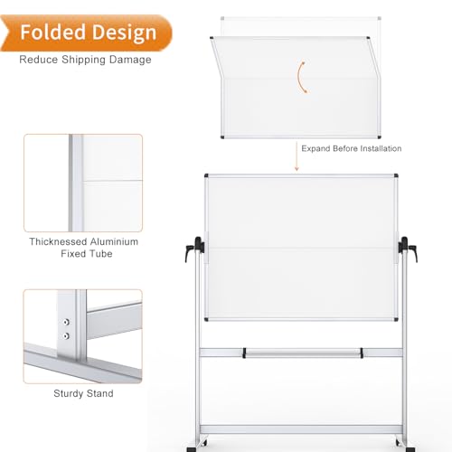 VIZ-PRO 48" x 36" Double-Sided Mobile Whiteboard with Stand, Magnetic & Lockable Wheels