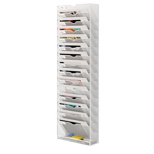 16 Tier Hanging Wall File Holder, Metal A4 Wall Mounted Document Holder, Vertical Hanging Mail Organizer, Magazine Storage Rack with Tray for Office Home Classroom, White