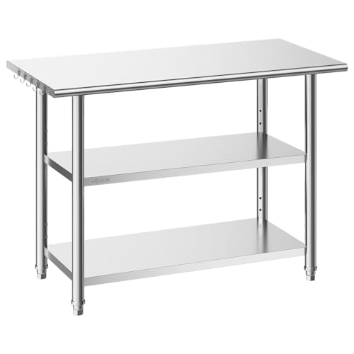 VEVOR 24x48 Stainless Steel Work Table – Heavy Duty Food Prep Table with 2 Shelves